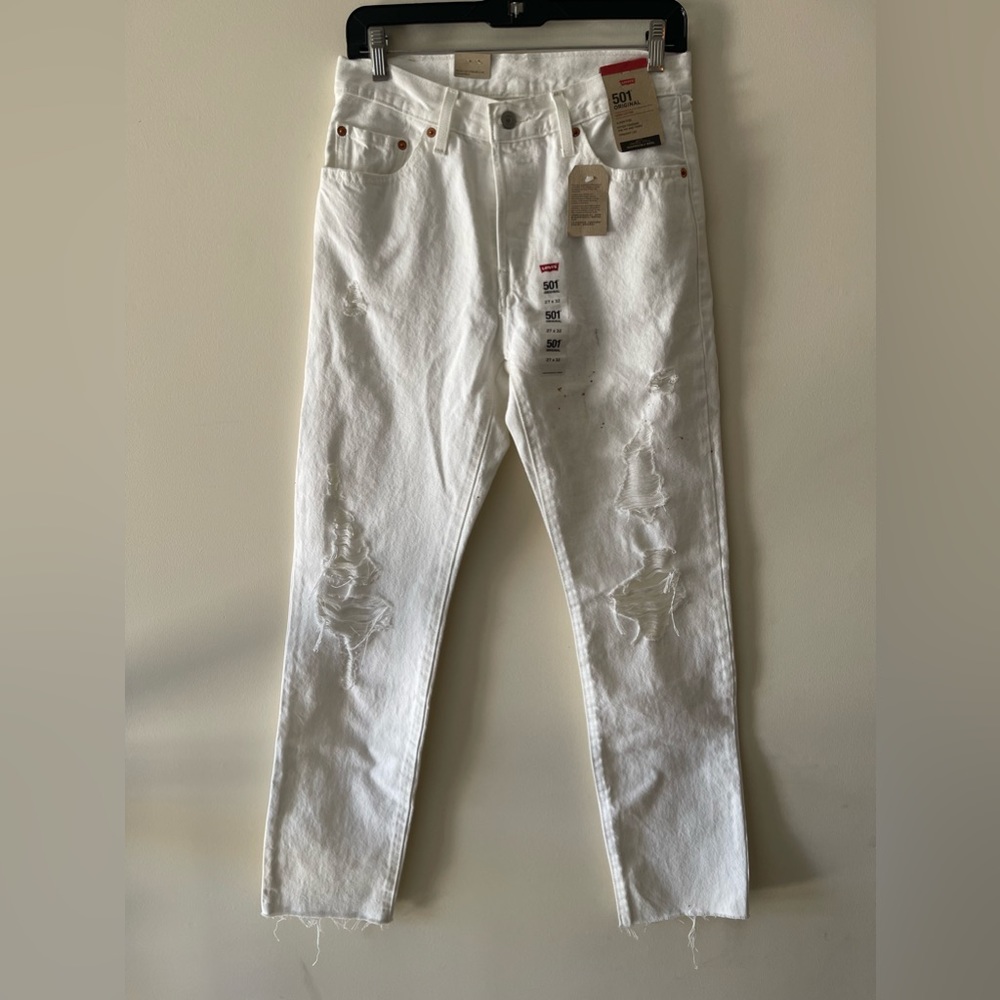 Levi’s 501 White Distressed Ripped Raw Hem Skinny High Rise Cotton Jeans